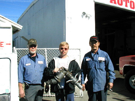 Don, Me & Leroy with the refueling coupling that went under Jacquie's truck.  Don & Leroy fixed the 6" hole in the gas tank, Thank You!!!